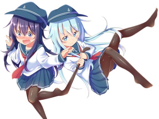 anime 2girls  kantai collection Hibiki Akatsuki loli black pantyhose tights nylon legs hosiery
