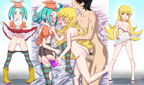 bakemonogatari oshino shinobu ononoki yotsugi pantyhose 2girls loli lolicon sex nloyn legs tights hentai