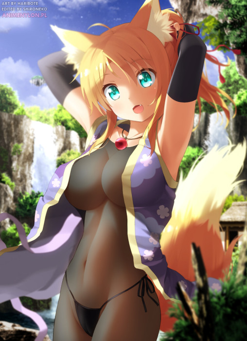 dog days yukikaze panettone nylon tights big boobs fox ears anime girl tail ecchi black bodystocking