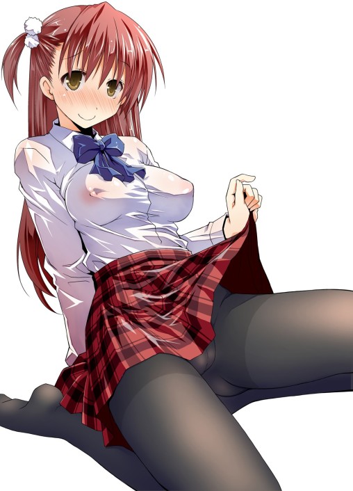 black pantyhose tights nylon legs feet skirt lift erected nipple anime girl ecchi