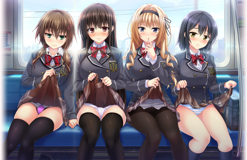 black tights pantyhose nylon legs kneesocks upskirt anime 4girls train ecchi panties pantsu sexy