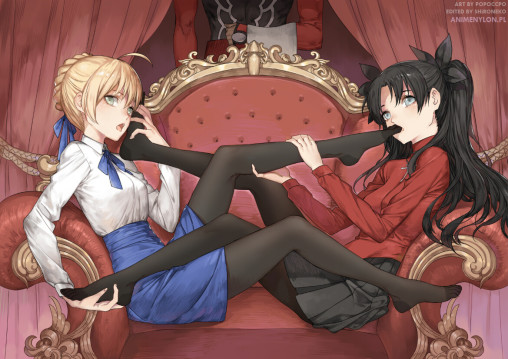 fate stay night saber tohsaka rin black pantyhose tights nylon licking feet legs 2girls anime