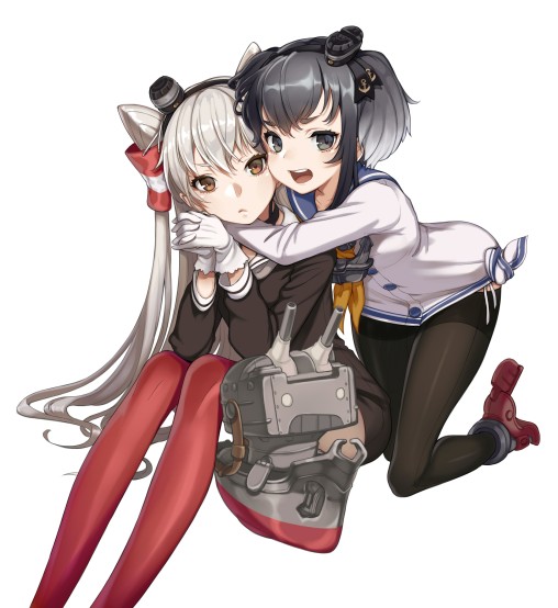 kantai collection amatsukaze tokitsukaze pantyhose legs anime 2girls hug nylon black tights red kneesocks