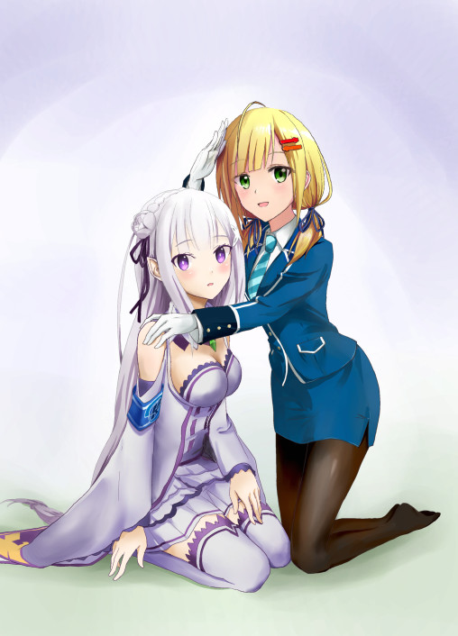 re zero kara hajimeru isekai seikatsu emilia k.r.t.girls black pantyhose legs tights anime elf 2girls thighhighs