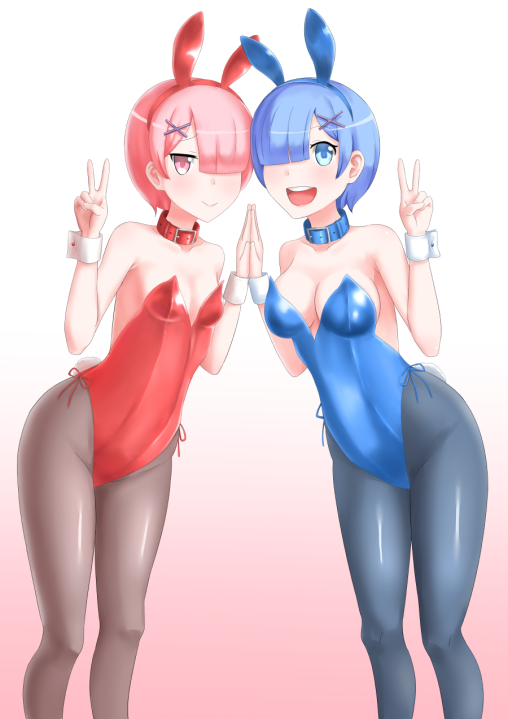 re-zero-kara-hajimeru-isekai-seikatsu-ram-rem-pantyhose-anime-bunny-2girls-nylon-legs-black-tight