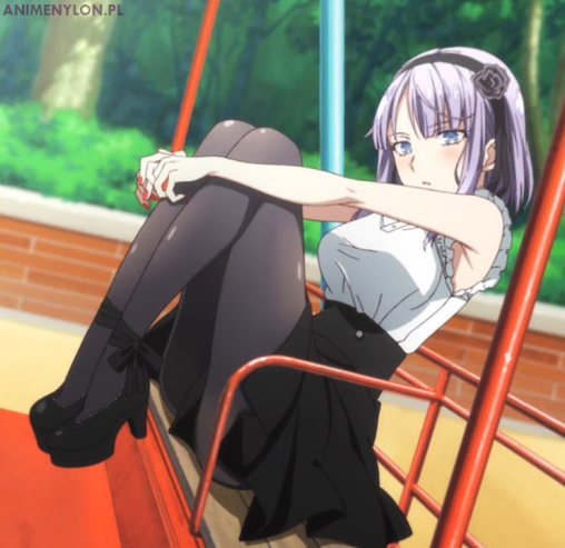dagashi-kashi-shidare-hotaru-pantyhose-anime-girl-black-tights-nylon-legs-high-heels-purple-hair