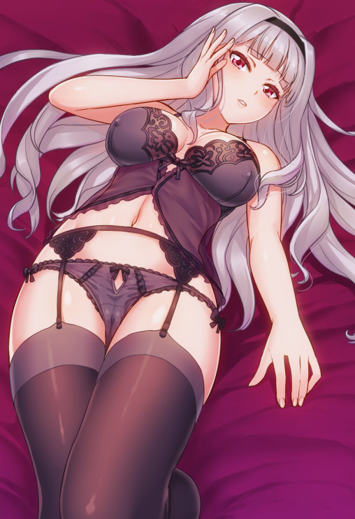 idolmaster-shijou-takane-stockings-lingerie-anime-girl-garter-belt-corset-black-panties-kneesocks-thighhighs