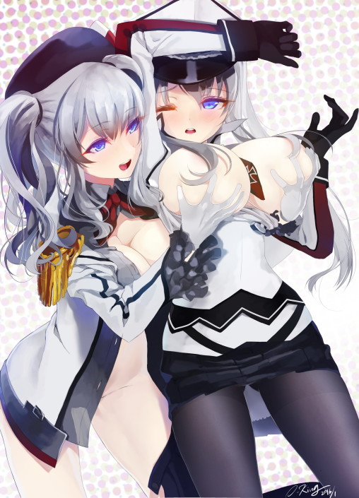 kantai-collection-kashima-graf-zeppelin-lesbian-yuri-boobs-grab-huge-tits-2girls-anime-spantyhose-legs-black-tights-nylon