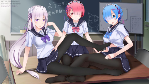 re-zero-kara-hajimeru-isekai-seikatsu-emilia-ram-rem-feet-black-pantyhose-anime-3girls-nylon-legs-school-uniform-foot-fetish-tights