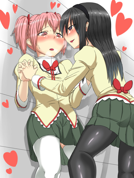 mahou-shoujo-madoka-magica-kaname-madoka-akemi-homura-yuri-lesbian-pantyhose-anime-girl-nylon-legs-skirt