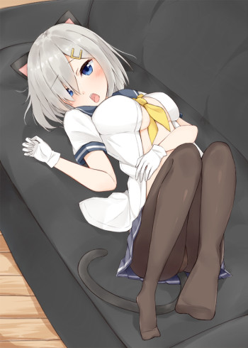kantai collection hamakaze stockings anime pantyhose girl feet nylon legs cat ears nekomimi