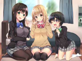 anime 3girls stockings kneesocks anime pantyhose black tights nylon legs skirt schoolgirl