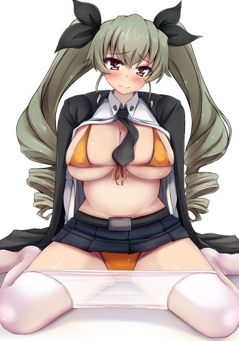 girls und panzer anchovy stockings pull pantyhose anime white tights nylon big boobs bikini tits