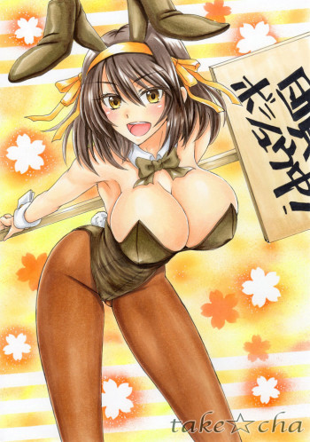 suzumiya haruhi no yuuutsu suzumiya haruhi huge boobs anime bunny costume girl tights pantyhose stockings