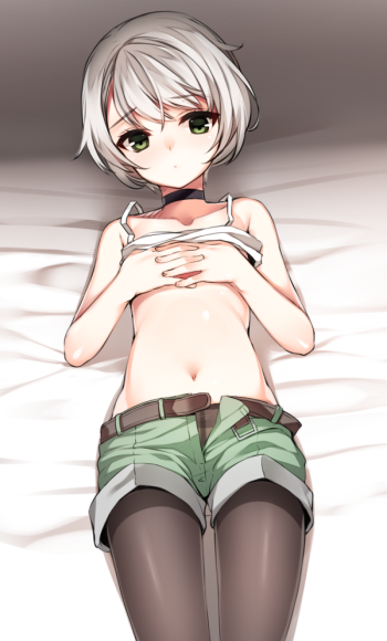 anime pettanko girl flat chest stockings pantyhose black tights nylon legs shorts belly