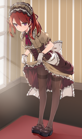pantyhose anime gothic lolita girl black stockings nylon legs tights dress red hair twintails
