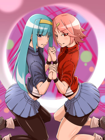 yatagarasu shimo hina stockings spats miniskirt 2girls anime pantyhose tights nylon legs