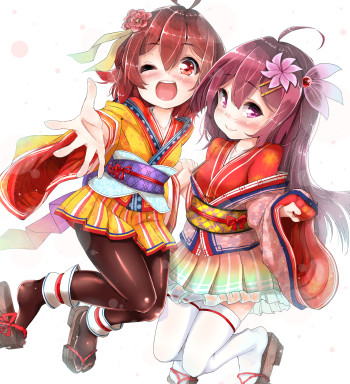 kantai collection mutsuki kisaragi stockings nylon legs 2girls anime lolicon kimono loli