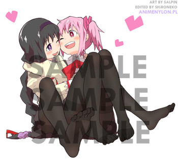 mahou shoujo madoka magica madoka x homura tights feet stockings pantyhose legs hosiery 2girls parring anime